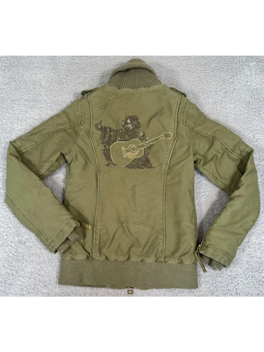 True Religion Military Green Bomber Funnel Knit Jacket Womens XS Stylish Casual - Picture 12 of 16